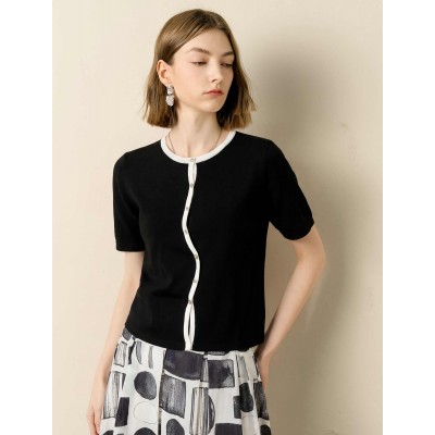 Black Contrast Trim Button Placket Knit Top