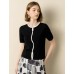 Black Contrast Trim Button Placket Knit Top
