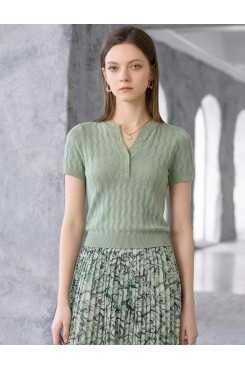 Wavy Openwork Tencel Linen Henley Knit Top