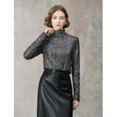 All-Over Sequin Turtleneck Long-Sleeve Top