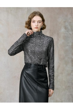 All-Over Sequin Turtleneck Long-Sleeve Top